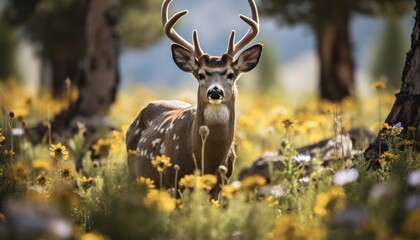 A mule deer is standing in a field filled with yellow flowers. The deer is looking around the tranquil landscape, blending seamlessly with the vibrant blooms