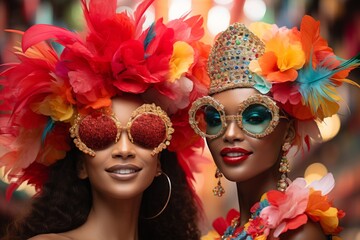 Obraz premium Colorful carnival vibes with vibrant feather headdresses and sparkling costumes