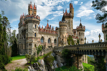Fototapeta na wymiar A gothic castle with towers, battlements and gargoyles