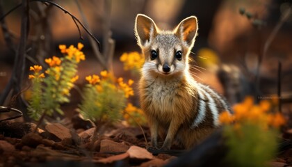 A small Numbat, with distinct markings, stands alert in the middle of a dense forest, surrounded by tall trees and foliage. It appears to be scanning its environment for potential threats or prey