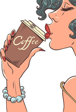Incredible offers for cafe and restaurant customers. We sell delicious hot coffee. The girl puts her lips to a cup of hot drink.