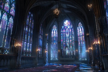 A gothic cathedral with stained glass windows and flying buttresses - obrazy, fototapety, plakaty