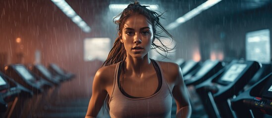 A woman is running on a treadmill in a sports club, getting her workout done even as rain falls around her. The scene captures her dedication to fitness despite the weather conditions. - obrazy, fototapety, plakaty