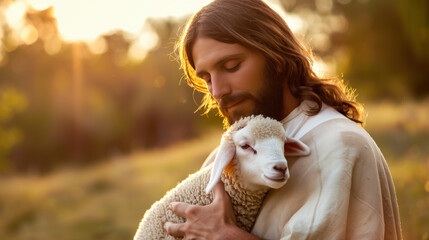 Serene Jesus in Robe Embracing a Lamb at Sunset.