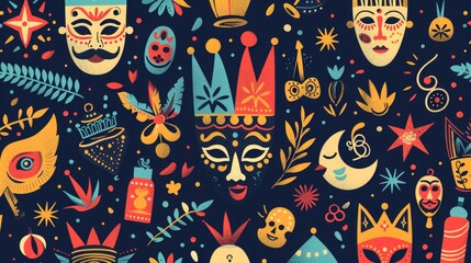 Joyful Purim pattern with cartoonish illustrations of the Megillah, masks, and festive decorations