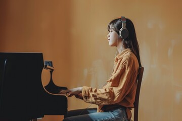 A woman is sitting at a piano with headphones on. She is wearing a yellow shirt and is playing the...