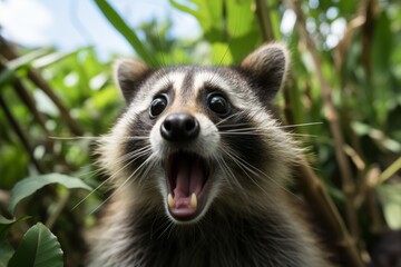 Fototapeta premium Astonished raccoon staring at the camera with a look of amazement, wildlife photography