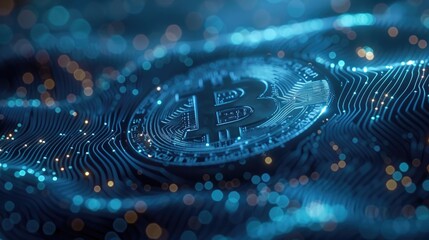 Bitcoin symbol emerging from digital waves on a dark blue tech-inspired background.
