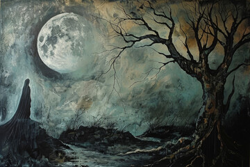 A gothic painting with a dark landscape, a moon and a ghost - obrazy, fototapety, plakaty