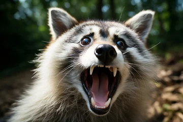 Tuinposter Curious and astonished raccoon looking at the camera with amazement and surprise in the wild © Наталья Бойко