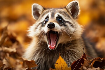 Adorable surprised raccoon in captivating wildlife portrait, expressing curiosity and amazement - obrazy, fototapety, plakaty