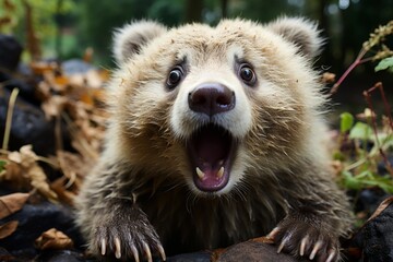 Surprised bear with wide open eyes and stretched mouth conveying astonished curiosity and amazement - obrazy, fototapety, plakaty