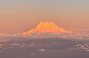 Scenic aerial Mt Rainier vista at sunset in winter, Washington State