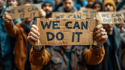 A sign held in both hands says WE CAN DO IT in black letters on cardboard. Manifestation of hope, crowd brandishing inspiring, positive and empowering messages - obrazy, fototapety, plakaty