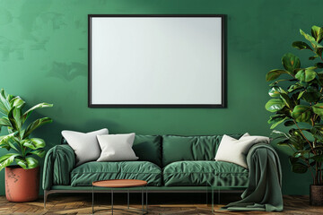 The mock up of blank poster frame on cozy and stylish modern living room featuring a green sofa, decorative plants, green wall.