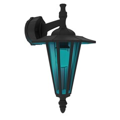 A blue and black lamp with a blue light