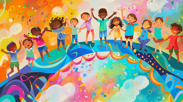 A colorful illustration of diverse children holding hands and celebrating on a whimsical background.