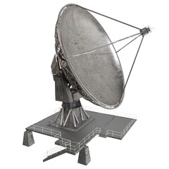 A large satellite dish is sitting on a concrete platform