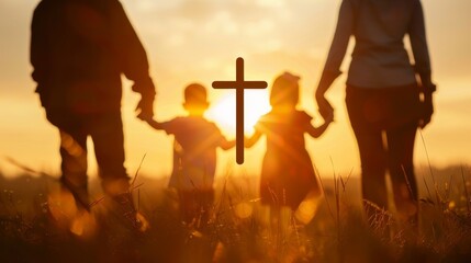 a family with children walking together and holding hands on a field in america. christian cross faith. wallpaper background - obrazy, fototapety, plakaty
