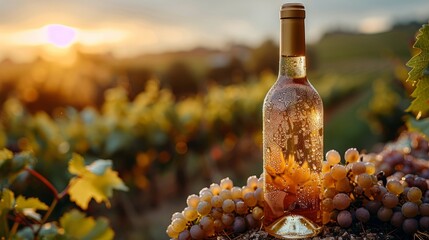 A bottle of liquid rests on grapes in a vineyard, part of the natural landscape