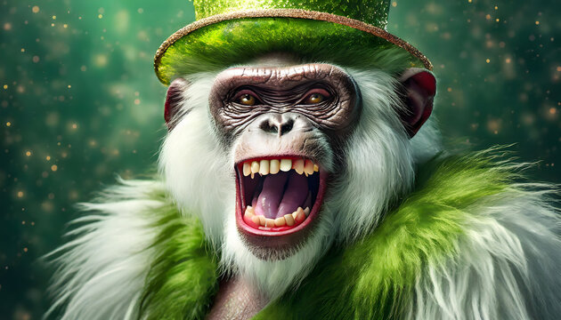 zombie, affe, in, gr&uuml;ne, Kost&uuml;m, halloween, hut, maskerade, neu, fell, pelz, diva, horror, gruselig, karte, flyer, party, feiern, 3d, modern, abstrakt, design, chapeau, ad, 