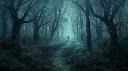 walking through a dark and eerie forest - obrazy, fototapety, plakaty