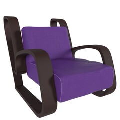 A purple chair with brown legs and a brown seat