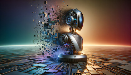 Telepresence Robot Undergoing Digital Disintegration in Vibrant Landscape