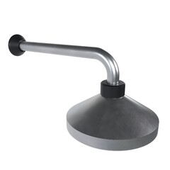 A silver metal shower head with a black rubber stopper