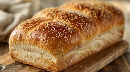  A close-up of a freshly baked loaf of bread, adorned with golden sesame seeds, resting on a rustic wooden cutting board