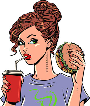 The girl eats a burger and soda. Appetizing fast food and high-quality delivery. Seasonal offerings of delicious new restaurant food menus.