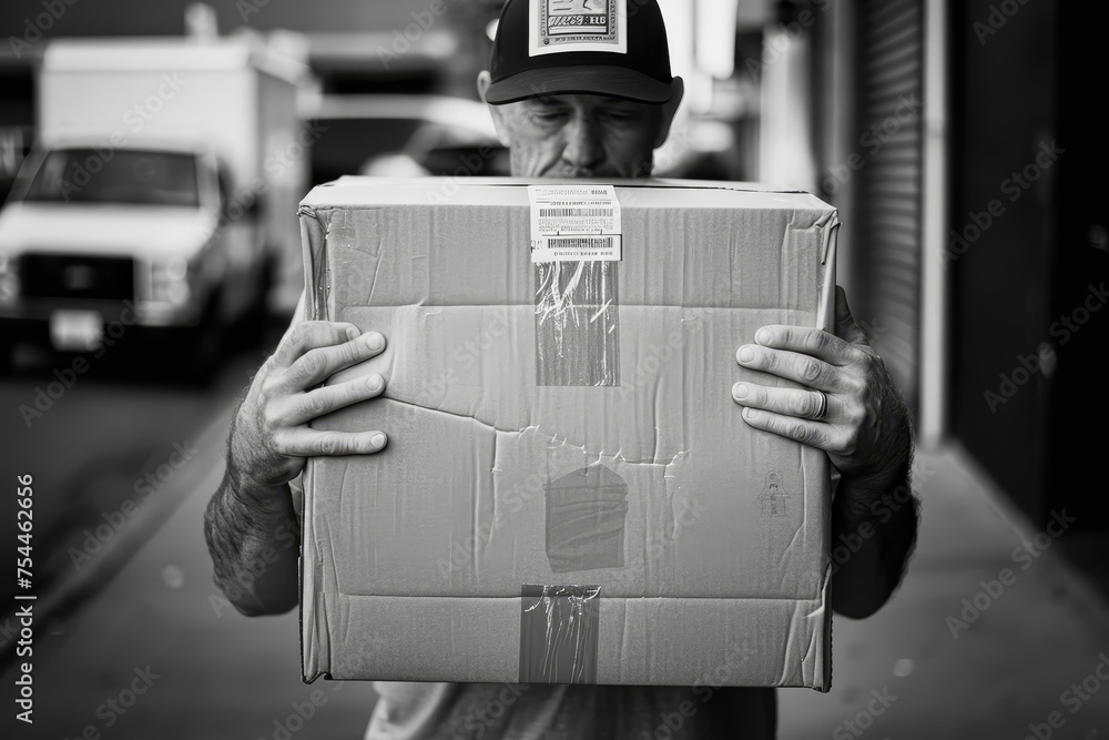 Poster a man holding a large box with a fragile sticker