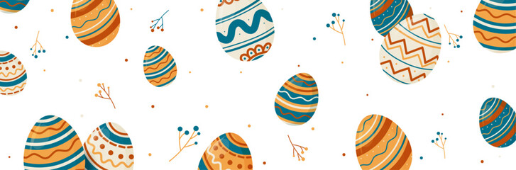 Ensemble d’œufs de Pâques décorés et colorés pour la célébration de Pâques - Illustrations faites-main pour célébrer la Résurrection - Vecteurs festifs avec motifs décoratifs modernes et cotillons  - obrazy, fototapety, plakaty