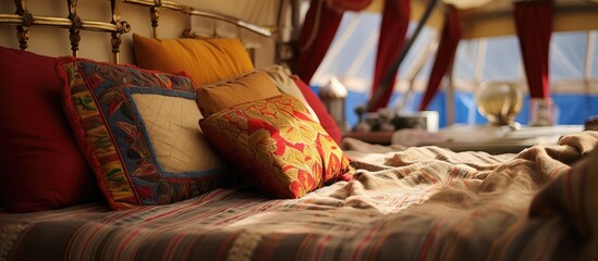 A double bed is covered with a multitude of pillows. The pillows are various sizes and colors,...