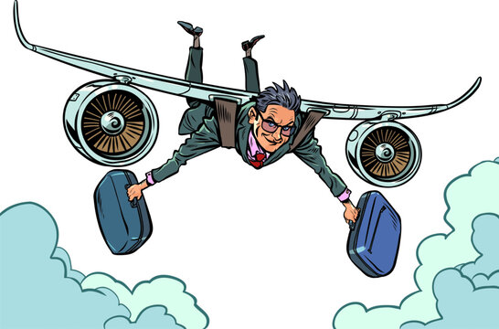 Traveling around the world as part of a business trip. A tourist who uses airplanes and flights. A man with two briefcases flies on the wings of an airplane.