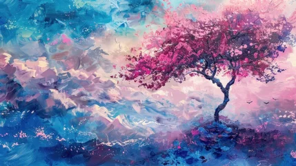Schilderijen op glas Discover a whimsical landscape with a majestic tree of desires painted in hues of pink and blue, symbolizing hope and wonder. © Postproduction