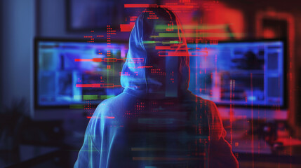 Silhouetted against a backdrop of intricate cyber security digital interfaces and streams of code, a figure shrouded in a hoodie epitomizes the elusive persona of an anonymous hacker