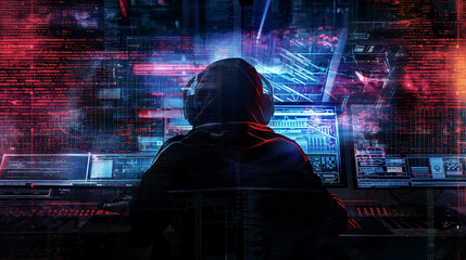 Against the backdrop of futuristic cyber security digital interfaces and scrolling lines of code, a silhouette cloaked in a hoodie embodies the mysterious figure of an anonymous hacker.