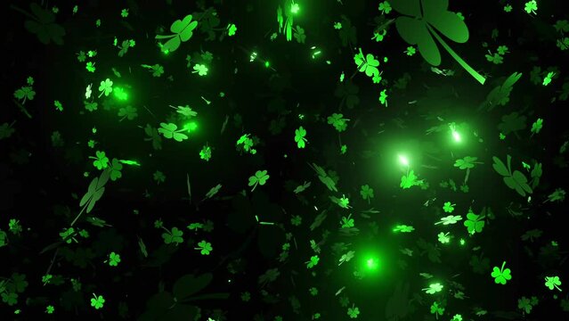 St Patricks Day Ireland Green Falling Shiny Shamrocks 4K Animation Seamless Loop Lights Background
