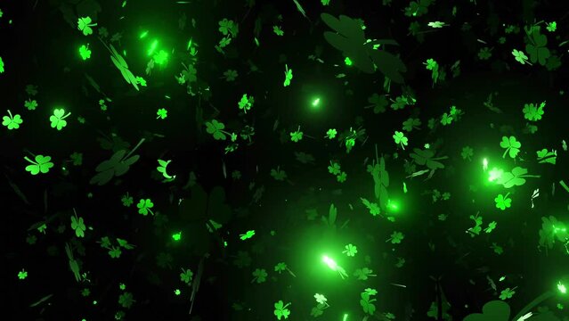 St Patricks Day Ireland Green Falling Shiny Shamrocks 4K Animation Seamless Loop Lights Background - 60fps

