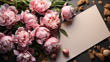 Mockup of invitation, blank paper greeting card and peonies flowers on a gray stone table