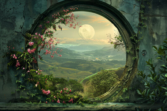 A moon gate frames a view of rolling hills. Peach blossoms cling to the arch, inviting passage.