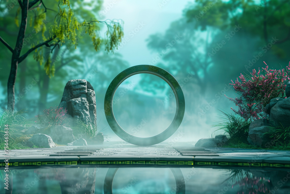 Poster a moon gate stands in a misty garden. beyond its circular frame, layers of color blend seamlessly--j