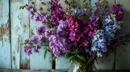 Fototapeta premium Purple and green flower bouquet, mothers day concept.