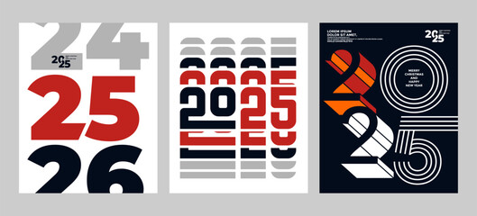2025 Colorful set of Happy New Year posters. Abstract design with typography style. Vector logo 2025 for celebration and season decoration, backgrounds for branding, banner, cover, poster and more.