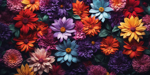 Fototapeta na wymiar Colorful background of many bright flowers of different types. Nature illustration. Generative AI