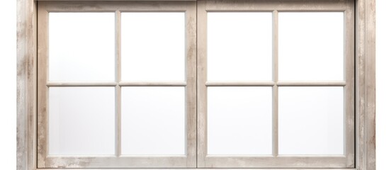 A white window with a wooden frame is featured against a white background. The wooden frame adds a rustic touch to the window, creating a classic and traditional look.