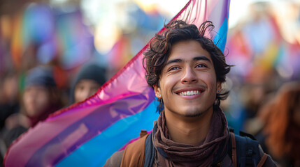A man is smiling and holding a bisexual flag, wearing a scarf and being part of a group celebrating a cause or event. Concept of pride and joy.  - obrazy, fototapety, plakaty