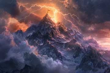 Fotobehang A mountain peak with a flag or a symbol on it and lightning striking it from above © mila103