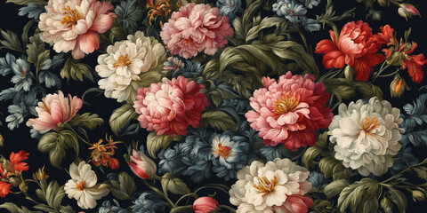 Colorful background of many large painted flowers of different types. Nature illustration. Generative AI